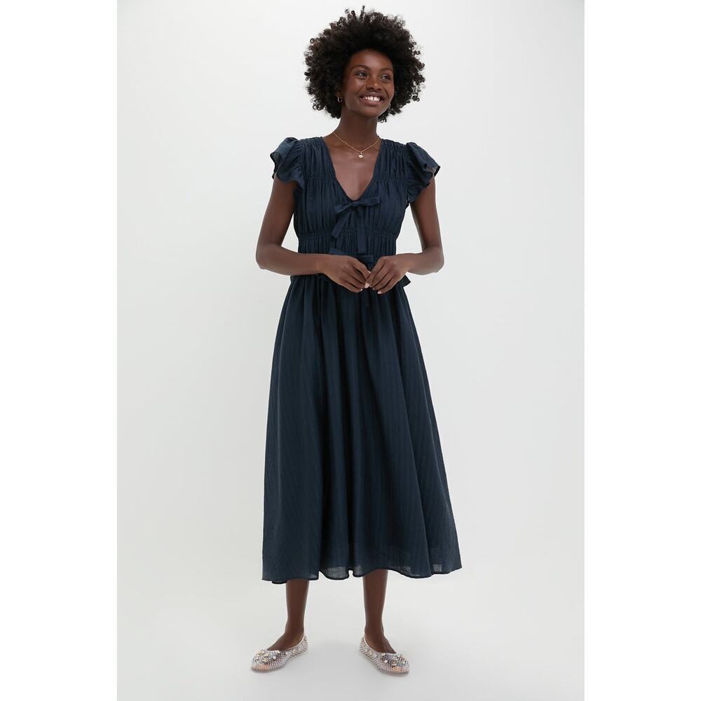 MOON RIVER Navy Flutter Sleeve Tie Front Midi Dress Size S NWT